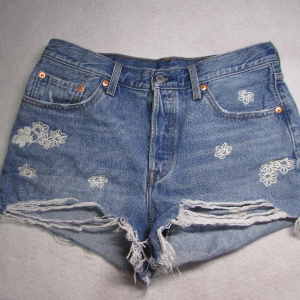 Levi's 501 Women's Denim Shorts With White Embroidered Flowers - Size W28